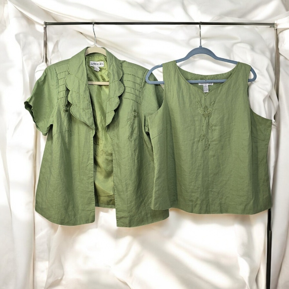 Lino USA 100% Linen Embroidered Floral Top Tank Set Scalloped Green Woman Large - Picture 2 of 13